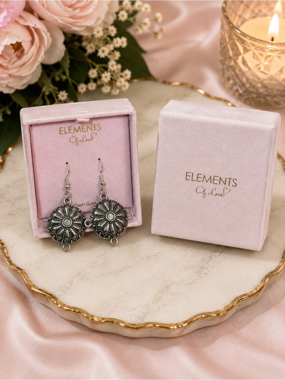 Elements of Love Silver-Tone Ornate Dangle Earrings w/ Pink Gift Box